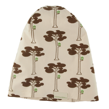 Mössa Helge barn ekologisk bomull brun natur och en liten grön uggla