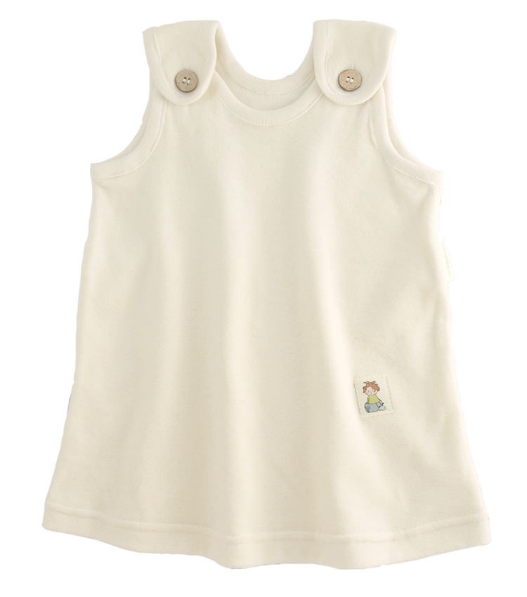 41019 Minimundus babyklänning av 100% ekologisk bomullsvelour naturvit med knappar av kokos Minimundus hängselklänning av 100% ekologisk bomullsvelour naturvit med knappar av kokos