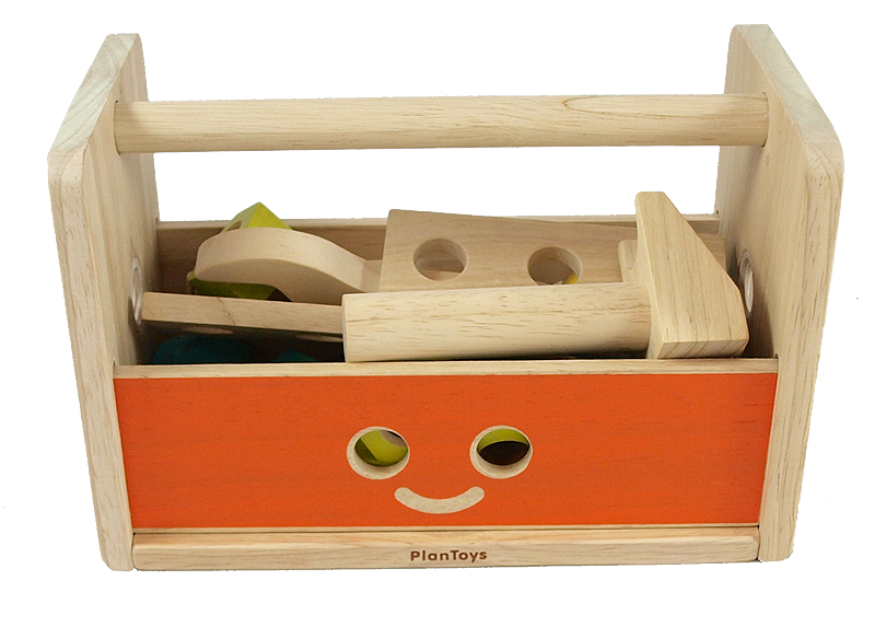 Verktygslåda av gummiträ skruvar muttrar skruvmejsel mm PlanToys