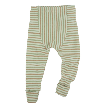 Minimundus babybyxor med fotgömma muddfot 100% ekologisk bomull colorganic färgväxande rand brun grön naturvit närbild