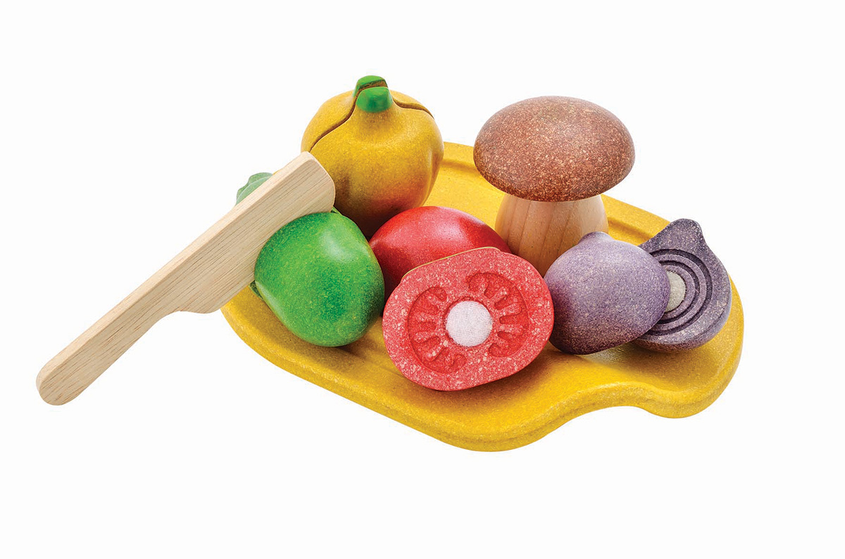 51007 Grönsaker på bricka av gummiträ PlanWood 4 st + bricka + kniv PlanToys Grönsaker på bricka av gummiträ PlanWood 4 st + bricka + kniv PlanToys
