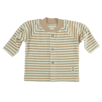 Minimundus kofta av 100% ekologisk Coloured by Nature färgväxande bomullsvelour grön brun natur knappar av kokos