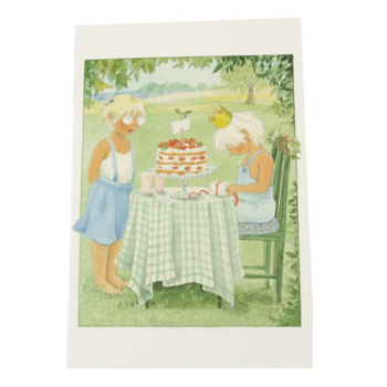 Gratulationskort dubbelt med kuvert Majas alfabet jordgubbe 9,5x6,5 cm Maja sjunger för Pelle