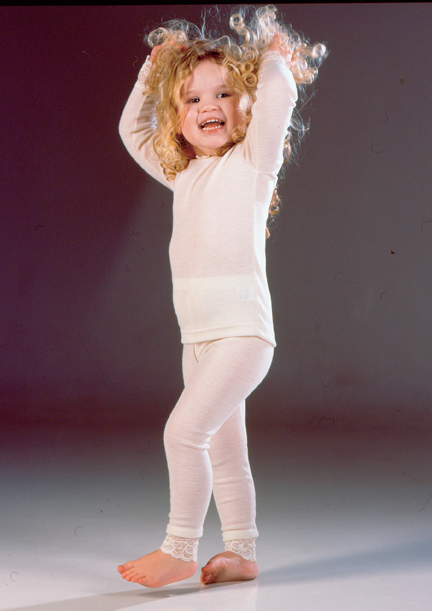 Janus barn underställ av merinoull långkalsong och tröja med spetskant ullvit