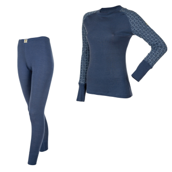 Janus DesignWool dam underställ merinoull långkalsonger och tröja med lång ärm mörkblå