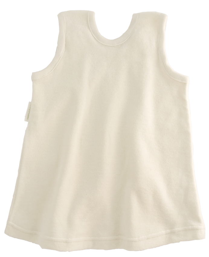 Minimundus hängselklänning av 100% ekologisk bomullsvelour naturvit med knappar av kokos