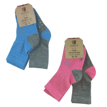 Janus ullfrottéstrumpor av merinoull 2-pack med halkskydd rosa och blå
