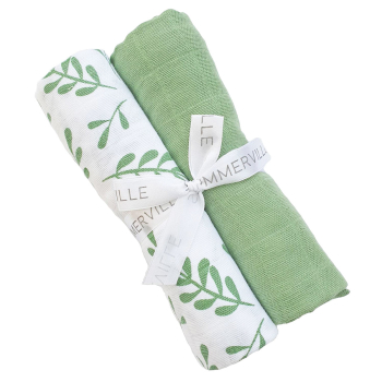 Muslinfiltar 2-pack 100% ekologisk bomull gots grön och mönstrad grön/vit 70x70 cm