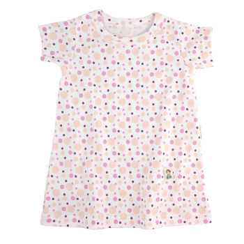 Minimundus klänning med kort ärm 100%b ekologisk bomull rosa prickar