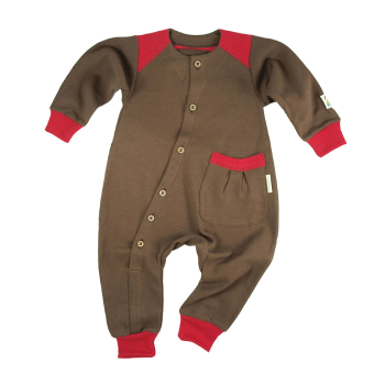 Tim&Teja overall jumpsuit 100% ekologisk bomull ekologiskt färgad brun med röda detaljer