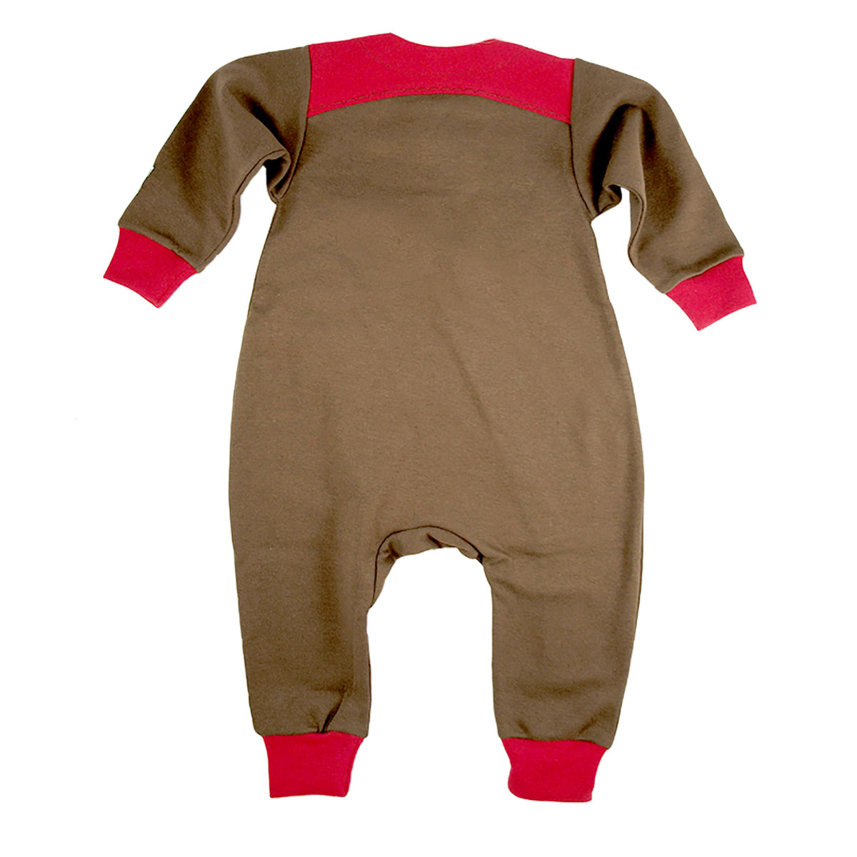 Tim&Teja overall jumpsuit 100% ekologisk bomull ekologiskt färgad brun med röda detaljer